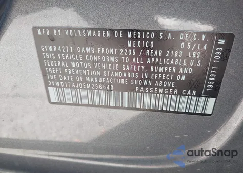 2014 Volkswagen Jetta 1.8T Se z USA, uszkodzony, nr VIN 3VWD17AJ0EM296640